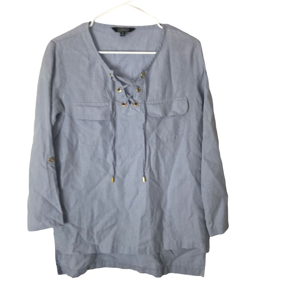 Ellen Tracy 100% Linen Tunic Top Blue Size Small Hi Low Roll Tab Sleeve Pockets